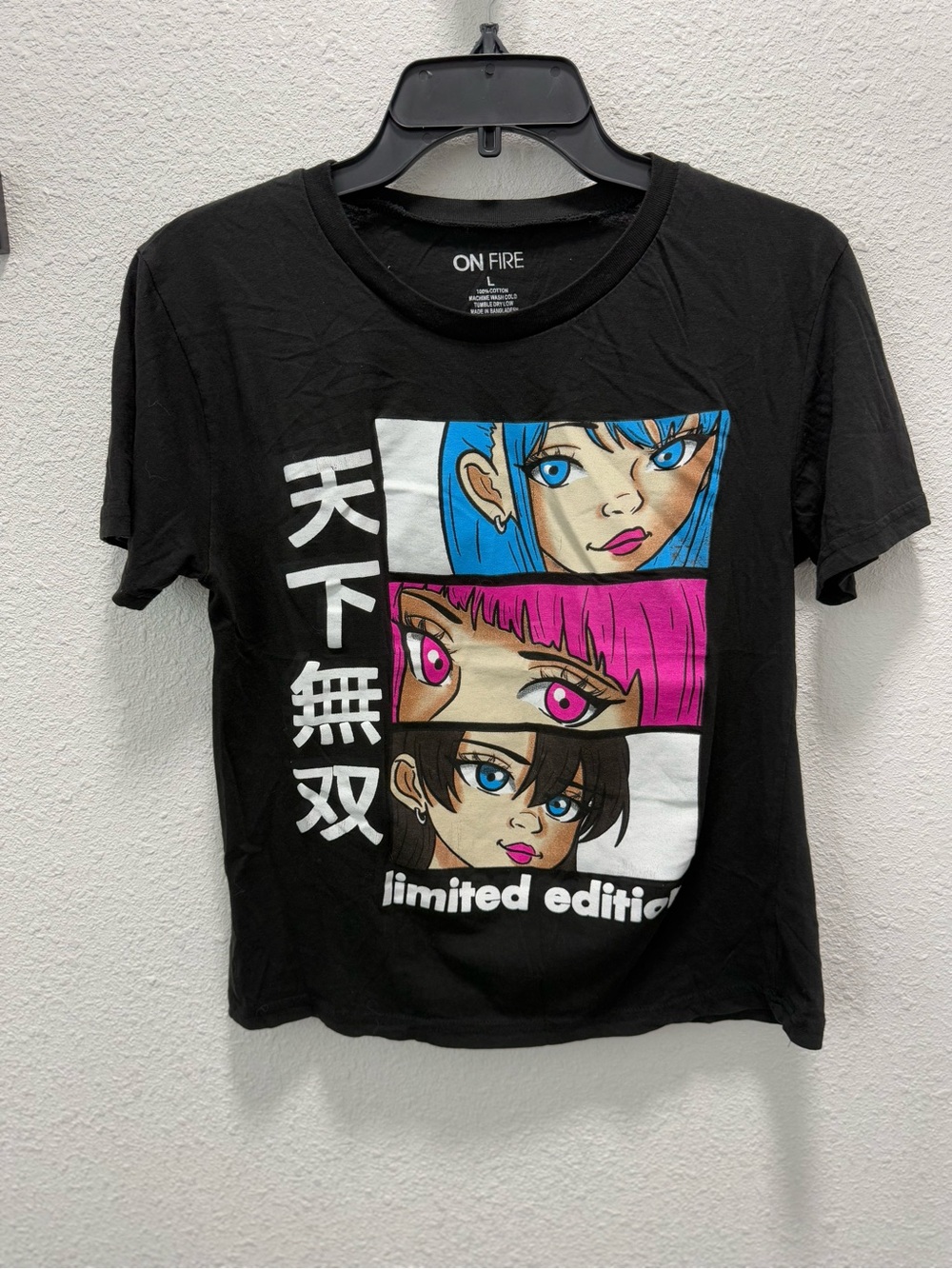 On Fire Black Tee with Blue, Pink and Brown Anime Faces Sz(L)